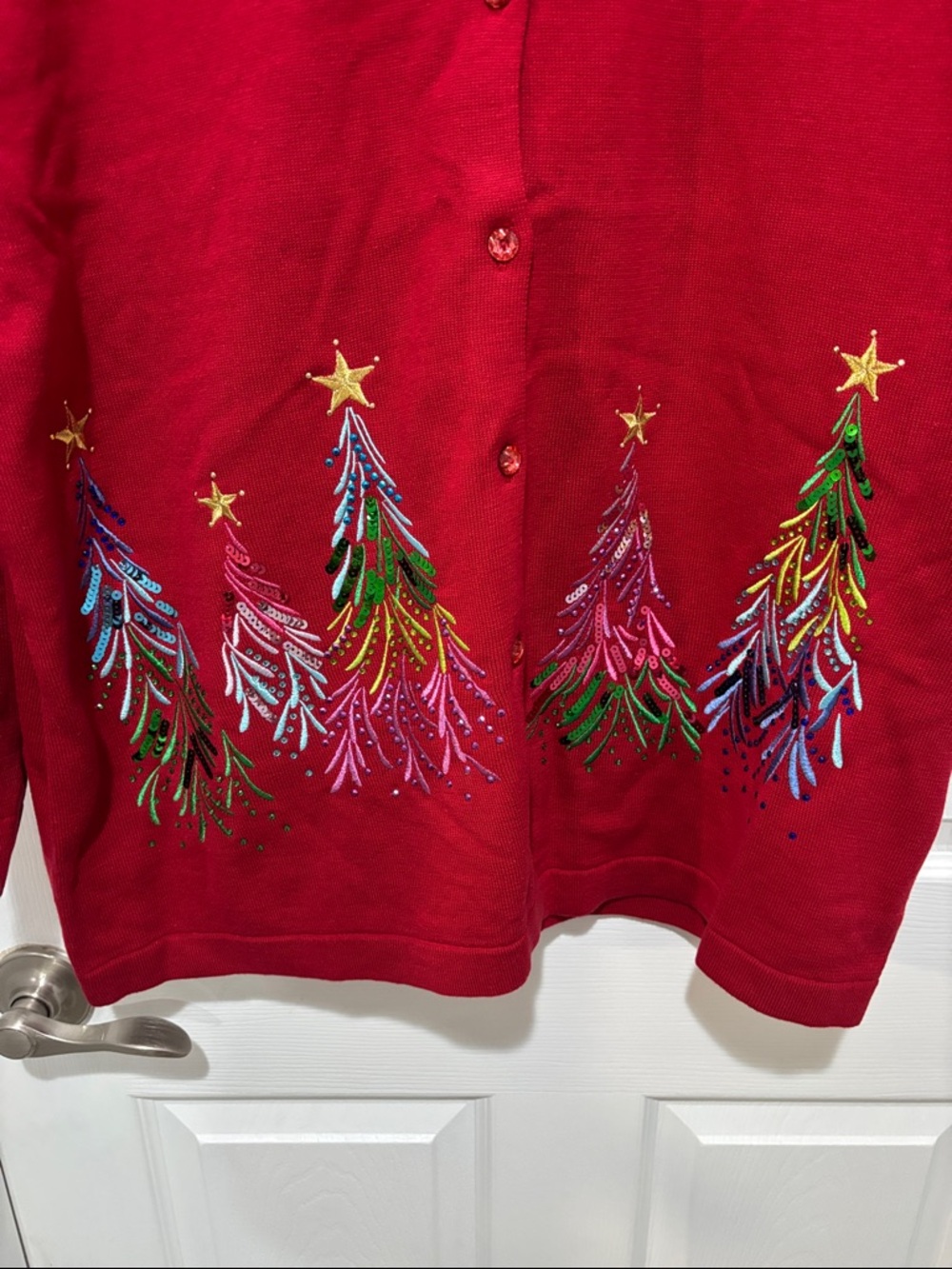 QUACKER FACTORY NWT Red Embellished Christmas Tree Knit Button Up Cardigan - Picture 13 of 13